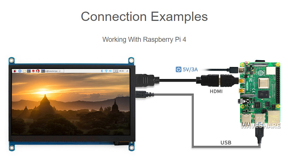 Дисплей 7'' IPS 1024x600 HDMI Waveshare работа с Raspberry Pi4