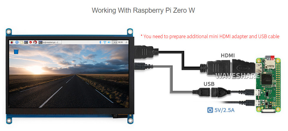 Дисплей 7'' IPS 1024x600 HDMI Waveshare работа с Raspberry Pi Zero