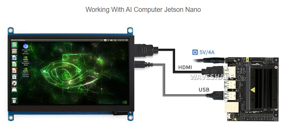 Дисплей 7'' IPS 1024x600 HDMI Waveshare работа с Jetson Nano
