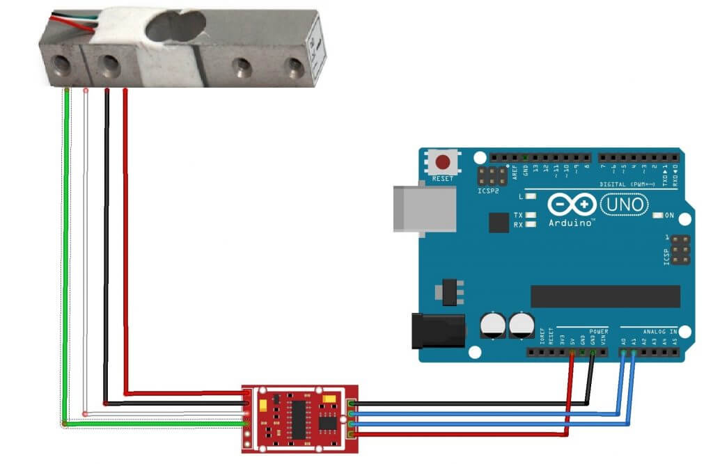 Схема соединений модуля HX711, тензодатчика и платы Arduino
