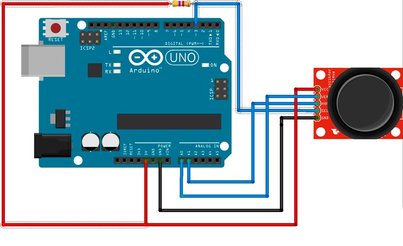 Схема подключения модуля джойстика к плате Arduino.