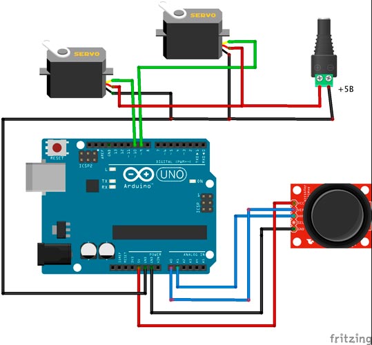 Схема подключения модуля джойстика и подвеса на сервоприводах к плате Arduino.