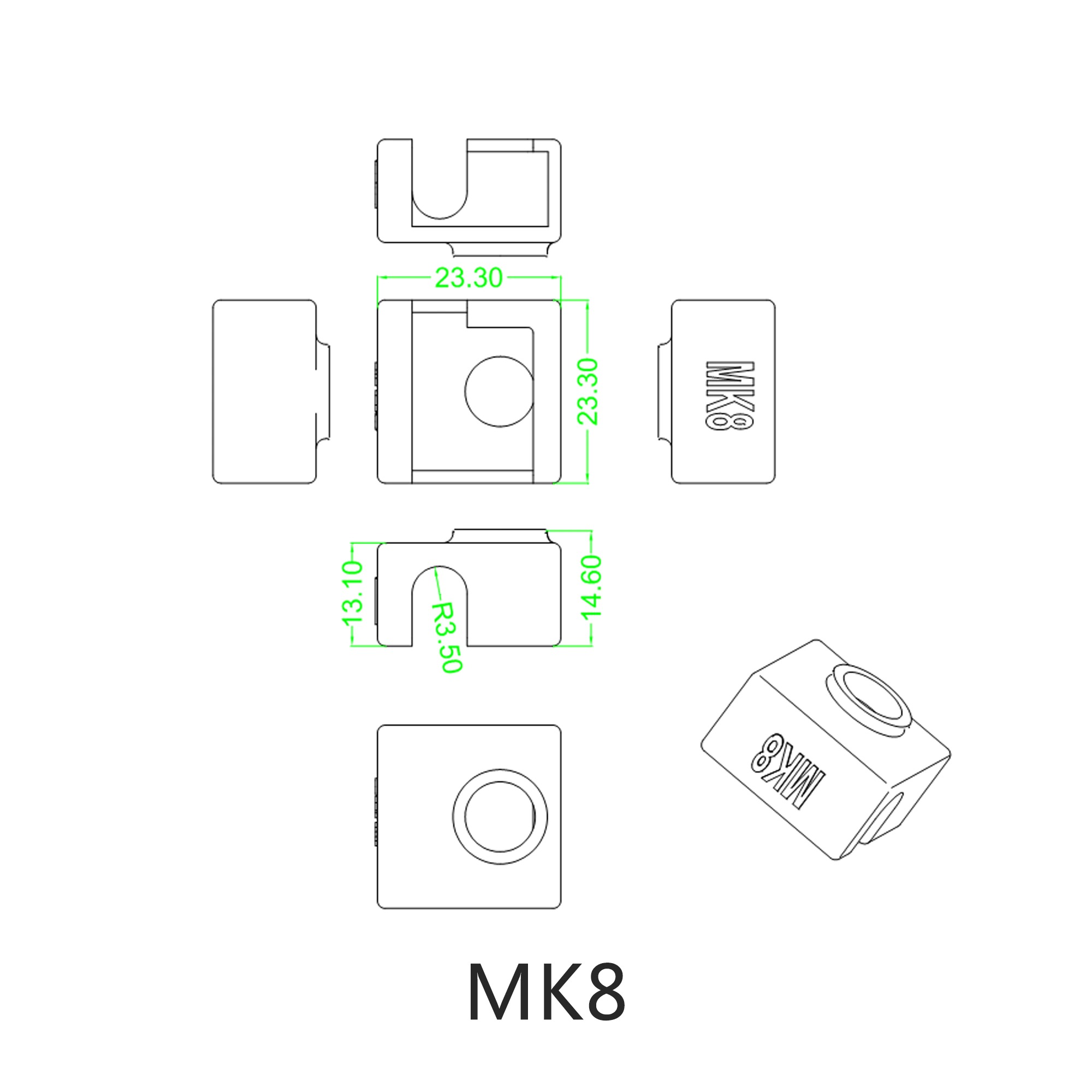 Размеры кожуха для нагревательного блока MK8